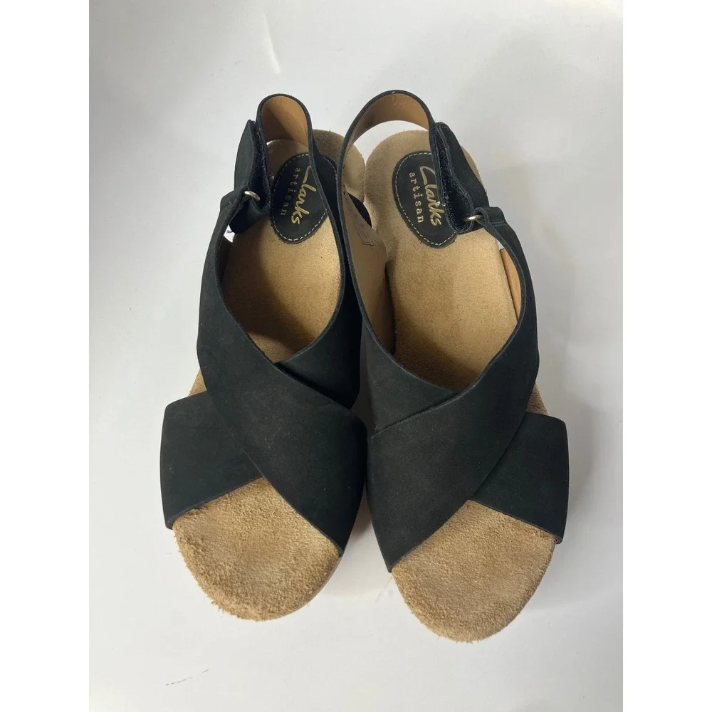 Clarks Artisan Wedge Sandals Womens 8 Black Good Cork Platform Slingback Nubuck
